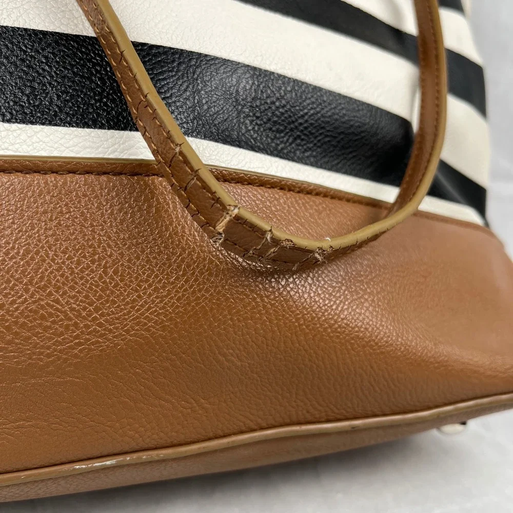 Nine West Tote Bag Black White Striped Faux‎ Leather Tassels Brown Trim